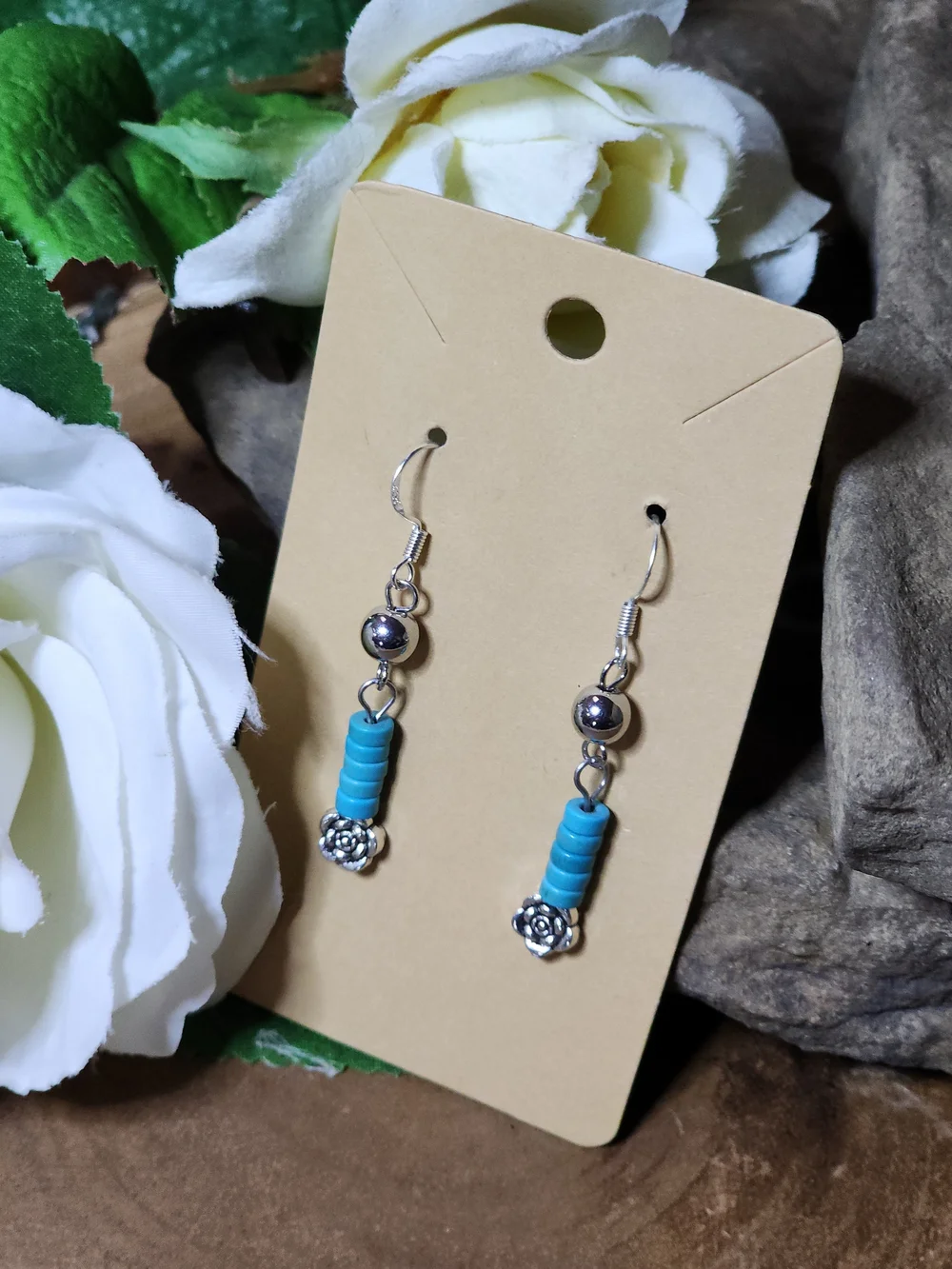 Hand Crafted Dangle Earrings With Silver Toned Balls & Faux Turquoise Beads